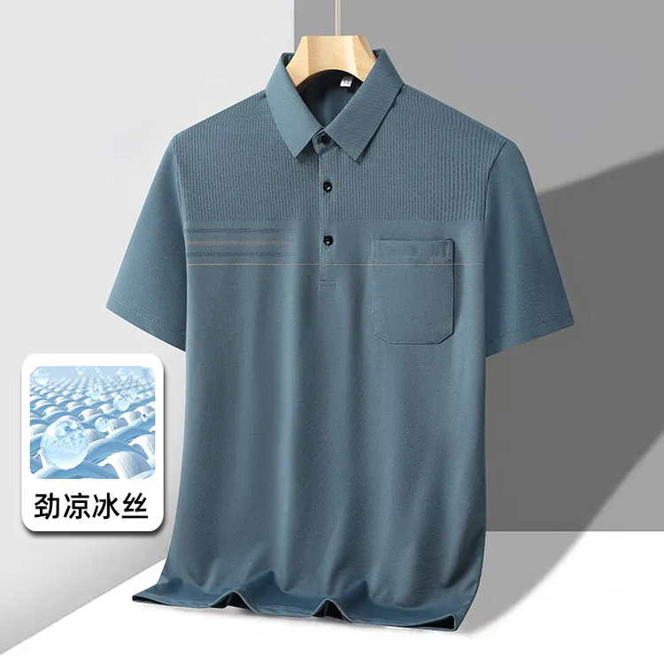 凉爽冰丝休闲男装夏季短袖T恤爸爸装中老年真口袋polo衫透气上衣