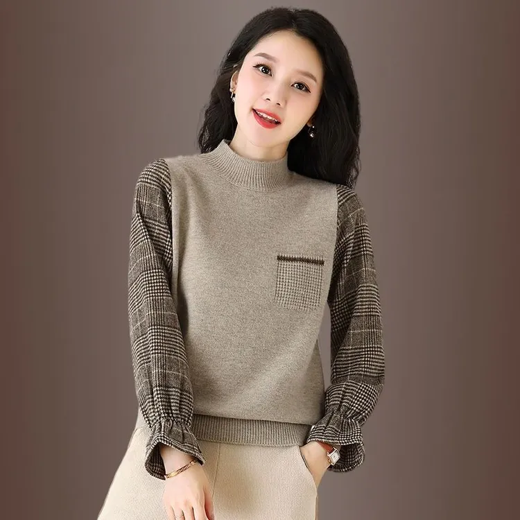 鄂尔多斯市产假两件上衣半高领喇叭袖宽松时尚百搭针织洋气打底衫