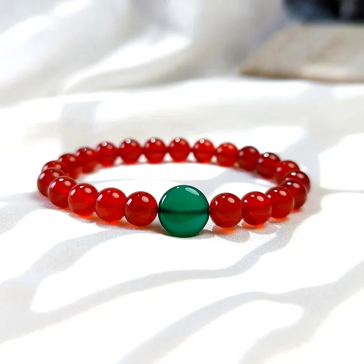 七色梵华红玛瑙圆珠配绿玛瑙扁珠手串 一物一证 红色8mm时尚手链