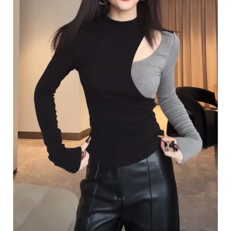 梦优莱拼色小众辣妹风长袖体恤女2025秋冬假两件设计感内搭打底衫