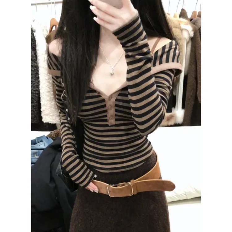 梦优莱美式辣妹风一字肩长袖打底衫春秋冬小众条纹修身显瘦上衣女