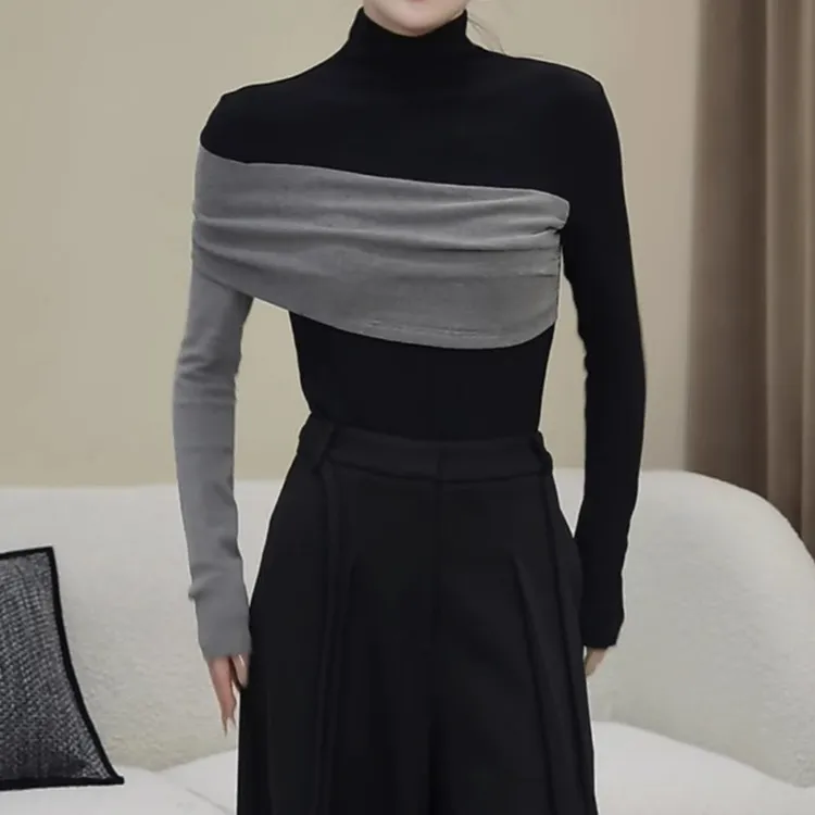 梦优莱春秋冬小众撞色长袖T恤加绒加厚打底衫女设计感半高领上衣