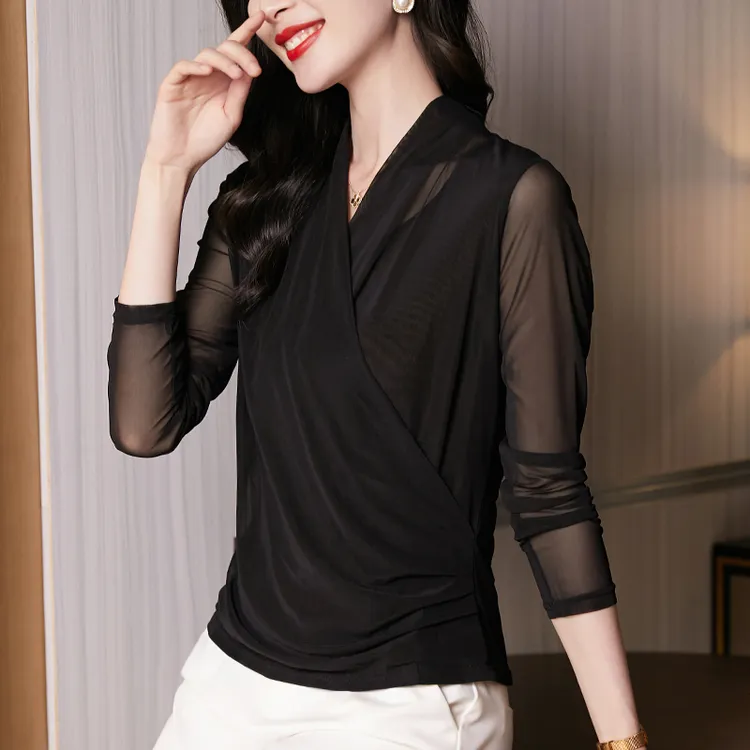 2025春秋冬加绒加厚新款v领网纱打底衫时尚显瘦高端别致上衣小衫