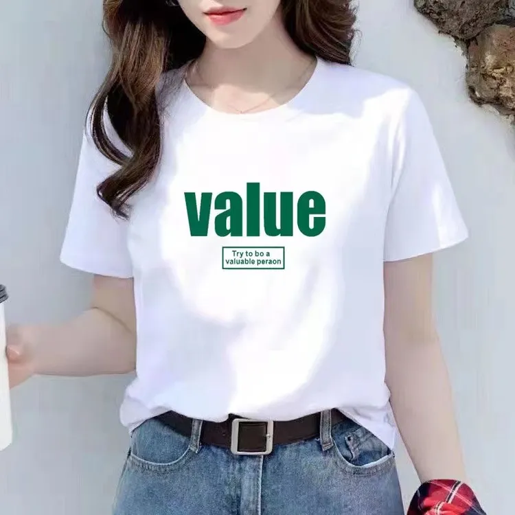 夏季韩版半袖显瘦修身简约情侣白色休闲百搭圆领时尚印花棉T恤
