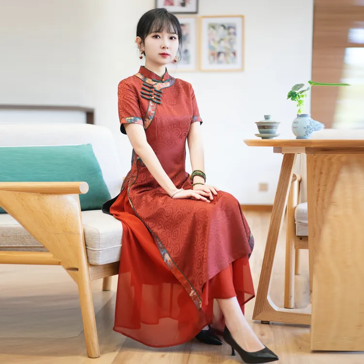 如意风奥黛旗袍中国风收腰显瘦长款民国复古气质日常裙子女23R001