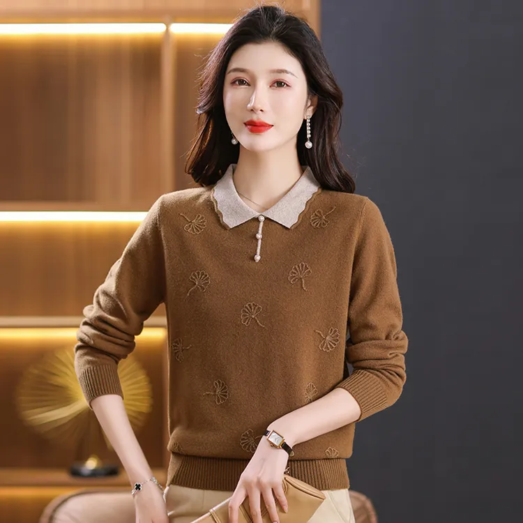 百分百纯羊毛#女士秋冬纯色时尚百搭宽松洋气针织长袖翻领打底衫