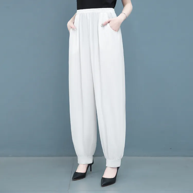 时尚妈妈防蚊裤夏季薄款中老年休闲裤子宽松灯笼裤大码棉绸阔腿裤