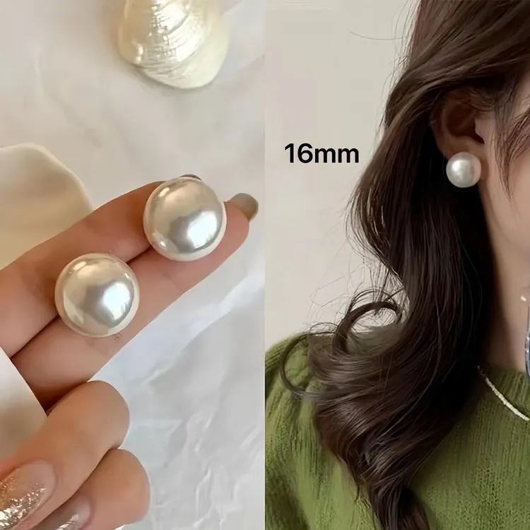 铜合金耳饰 925小众设计感港风高级百搭轻奢贝珠耳钉ins椭圆7853