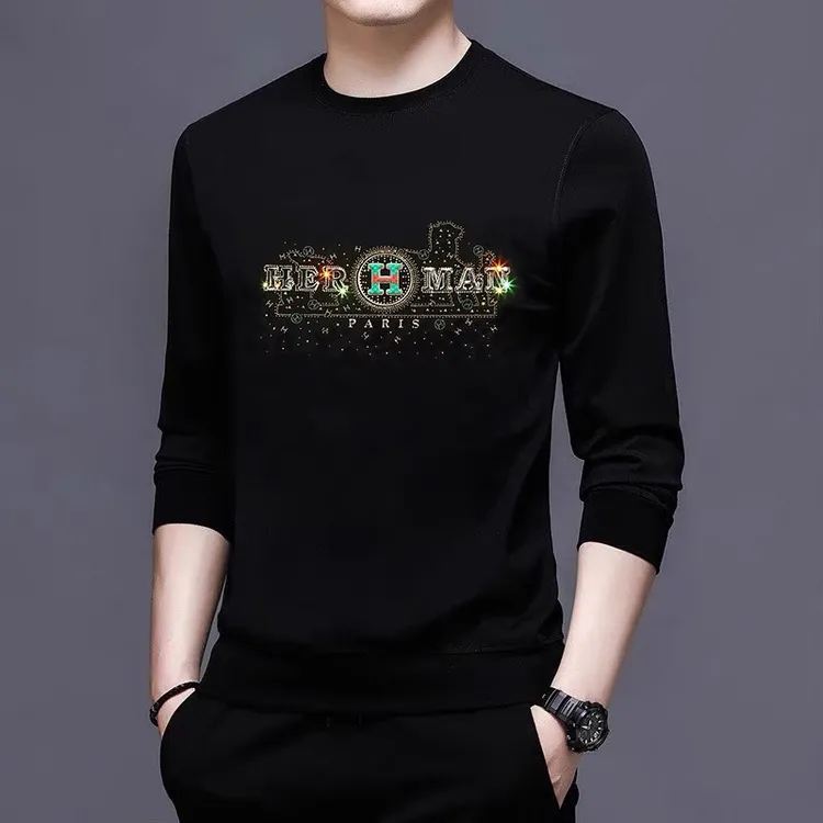 欧洲站潮牌烫钻长袖T恤青年潮流圆领套头卫衣男轻奢打底体恤秋冬