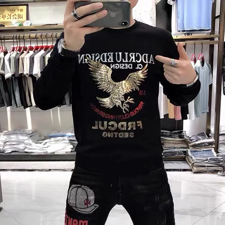 欧洲站男士秋冬季新款长袖T恤衫潮牌烫钻套头圆领卫衣打底上衣服