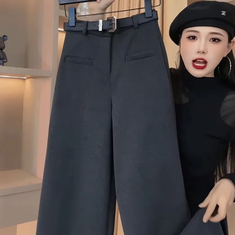 复古垂坠感时尚休闲裤女2024年冬新款复古高腰显瘦宽松加厚阔腿裤