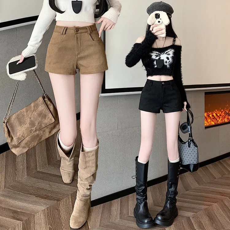 美式复古鹿皮绒短裤女秋冬外穿高腰显瘦辣妹修身包臀热裤2025新款