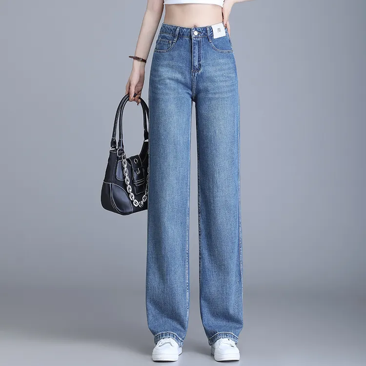 正品2025春秋新款阔腿牛仔裤女显瘦复古百搭高腰窄版宽松直筒长裤