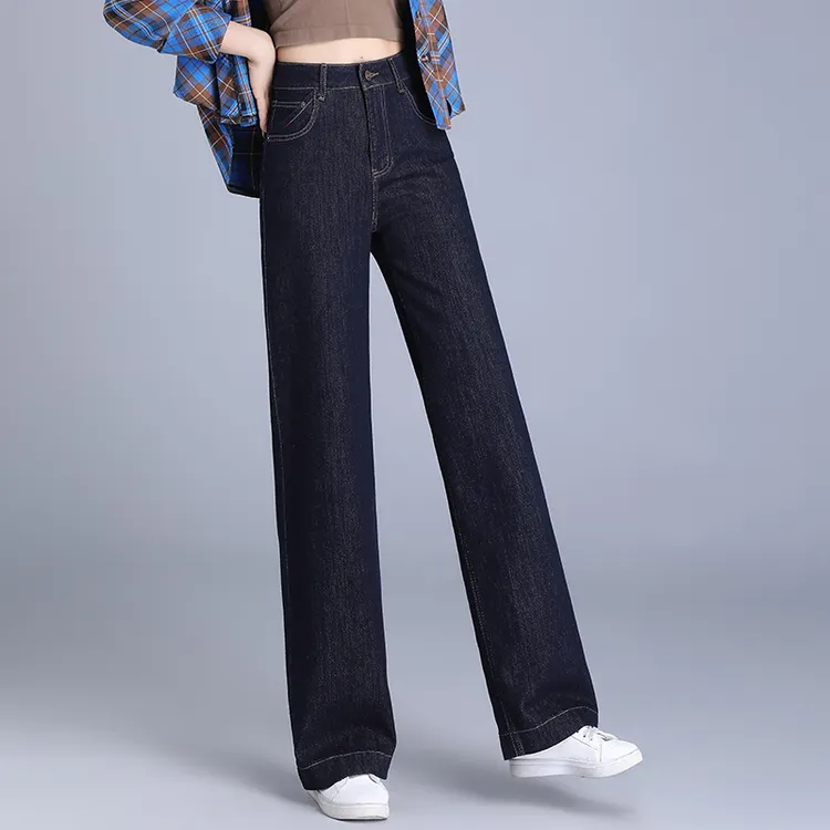 正品新款窄版阔腿裤女牛仔裤2025秋冬时尚丹宁蓝垂感直筒裤子