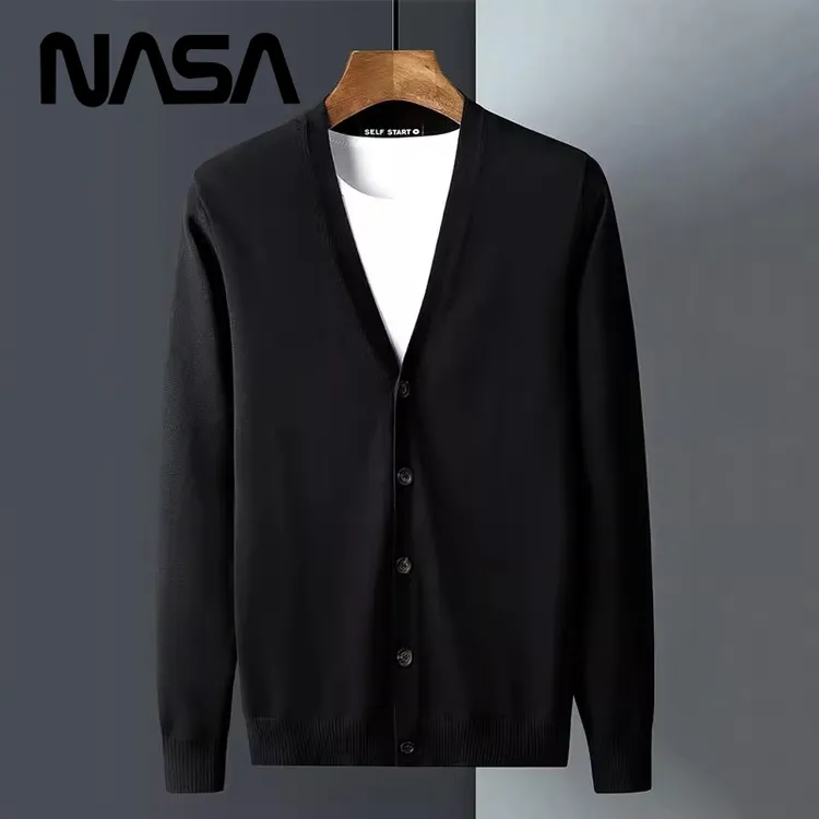 NASA潮牌V领针织开衫男士秋冬季复古简约情侣开衫外套潮流毛衣男