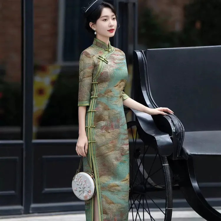 C272春秋2025新款高档老上海旗袍七分袖改良国风连衣裙婚宴礼服