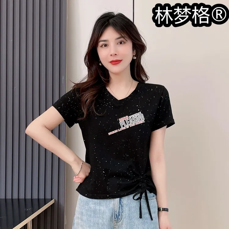 林梦格洋气衬衫女简约字母夏装短款百搭时尚修身显瘦洋气印花T恤