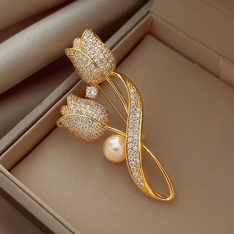铜合金仿珍珠胸针 郁金香胸针胸花 新款2025款高端大气女百搭时尚