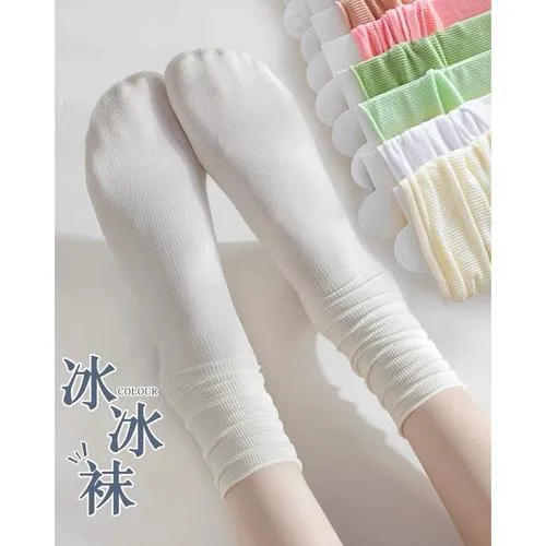 【10双装】春夏薄款袜子女冰冰袜ins纯色百搭透气中筒堆堆袜冰冰袜