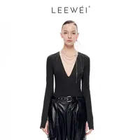 LEEWEI官方直营小众个性显瘦衣服可拆链条深V紧身连体长袖上衣