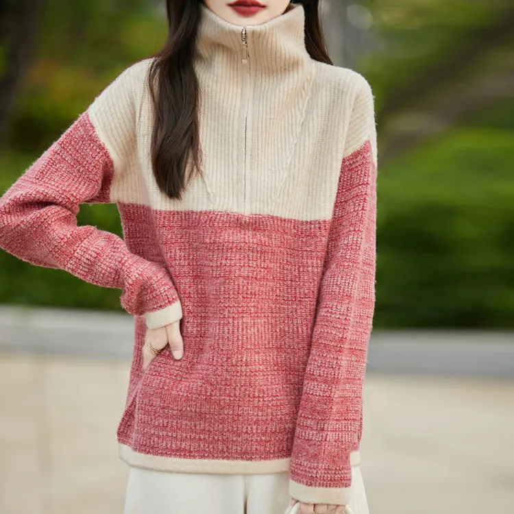 粉色拼接半拉链高领羊毛衫加厚百搭韩版休闲慵懒风毛衣外搭打底衫