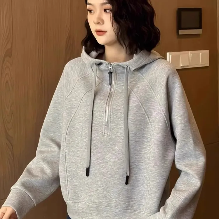 气质灰色半拉链连帽卫衣女秋冬2024新款美式慵懒宽松女短款上衣