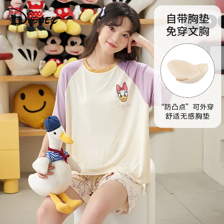 Disney/迪士尼套头短袖短裤睡衣带胸垫凉感冰丝舒适家居服0056