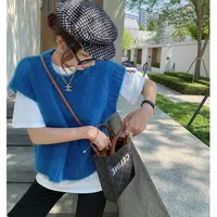 蓝色马海毛针织马甲女秋冬新款宽松毛衣背心坎肩叠穿内搭无袖外穿