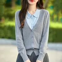 【葛行长定制】舒适翻领外套秋冬女士拼色假两件针织开衫NS3315