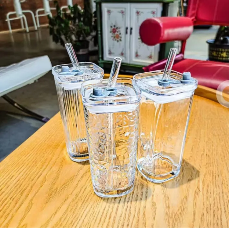 【2只装】网红方形加厚玻璃杯夏季家用带盖吸管水杯耐热果汁杯子