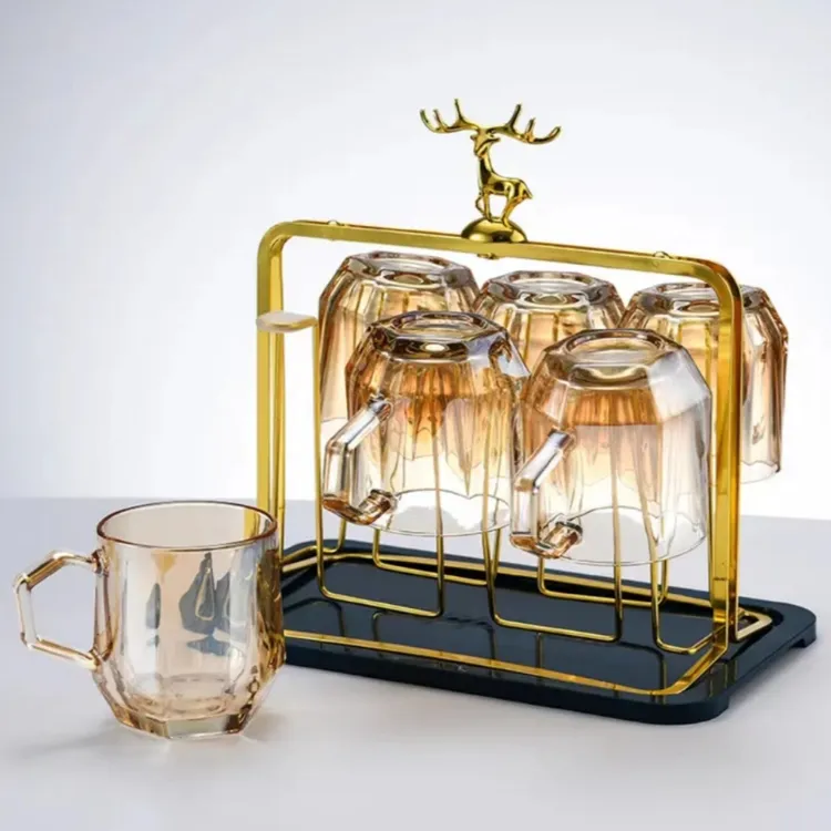 15【带杯托杯架】北欧钻石玻璃杯水杯套装待客茶杯家用带把水杯轻奢