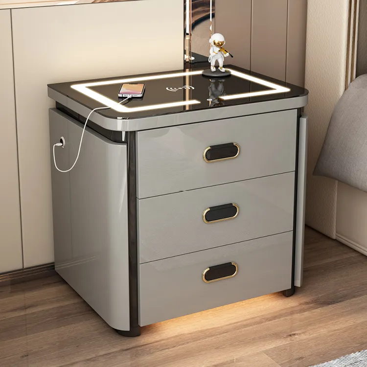 现代简约2025款床头柜多功能保险柜无线充电USB蓝牙音箱地感灯