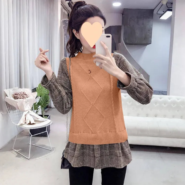 网红套头毛衣女中长款针织复古格子假两件连衣裙半高领打底衫上衣