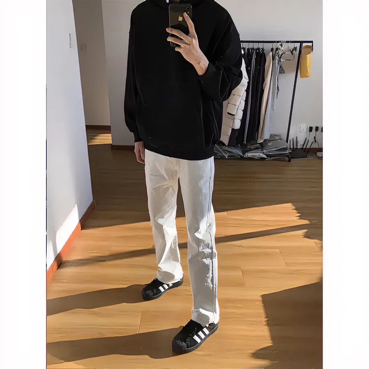 美式高街vibe裤子潮牌cleanfit白色牛仔裤直筒男款秋季修身微喇裤