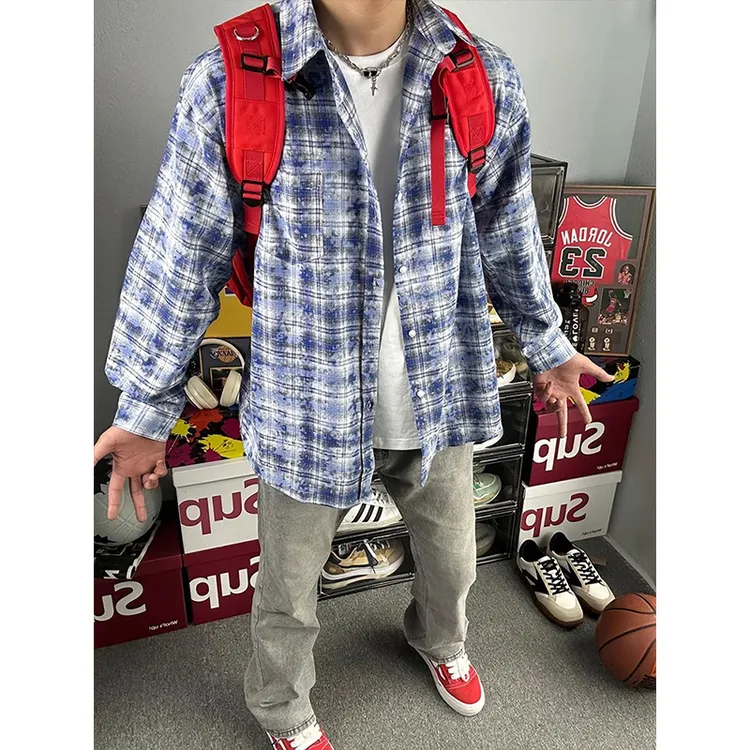 vintage扎染格子衬衫男高级感痞帅美式高街外套复古格纹长袖衬衣