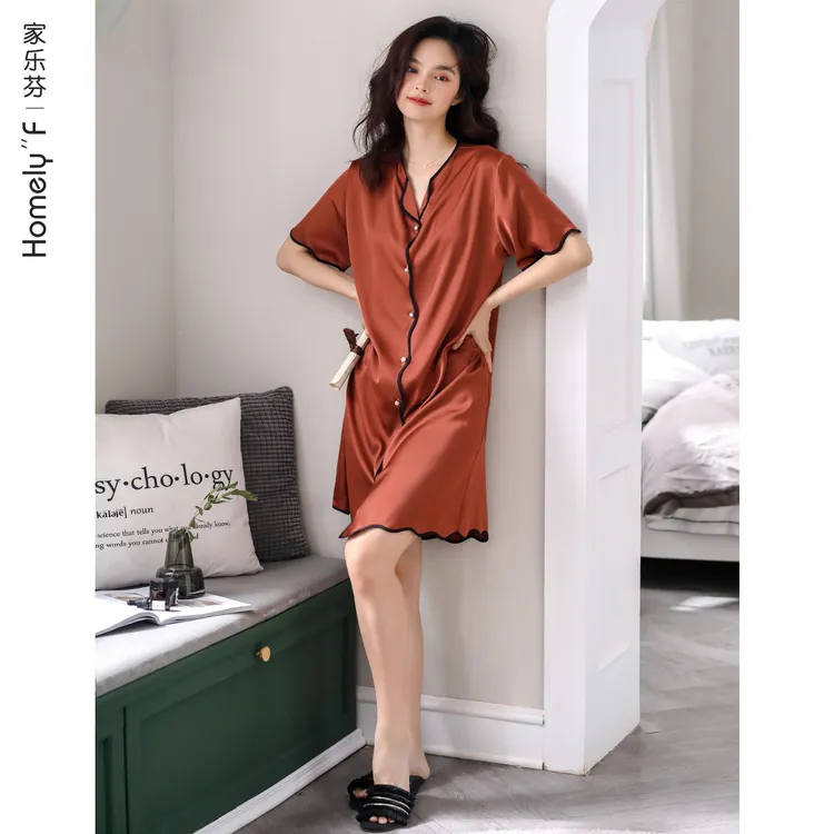 家乐芬睡衣女士睡裙夏季夏天冰丝短袖长款仿真丝衬衫开衫大码