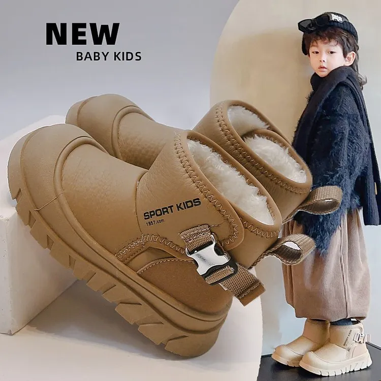 男童雪地靴防水儿童鞋子男冬季女童棉鞋皮面小男孩雪地棉加绒加厚