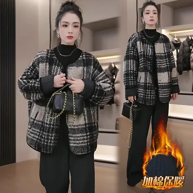 流行小香风格子加厚保暖毛呢外套冬季新款时尚显瘦宽松休闲上衣女