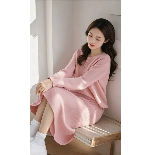 早秋穿搭韩风chic气质高级感独特绝美漂亮小香风粉色针织毛衣套装
