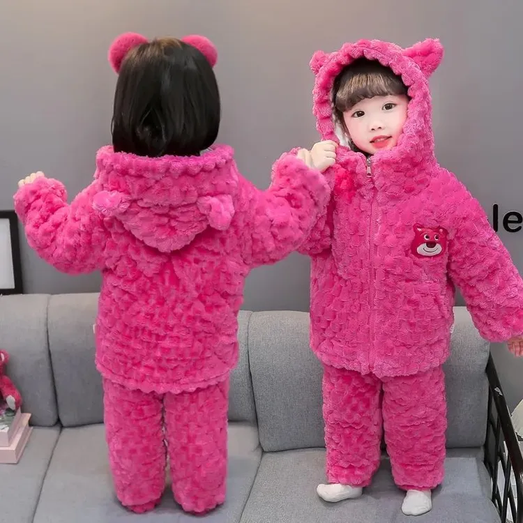 女童冬季三层加绒加厚夹棉睡衣套装新款宝宝保暖儿童法兰绒家居服