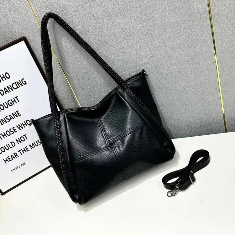 时尚百搭女士黑色简约托特包单肩斜挎手提包大容量腋下包5118方拼