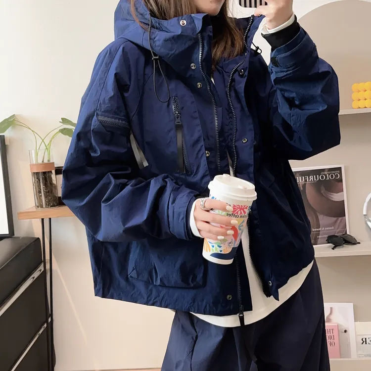 新款超重工连帽藏青色冲锋衣外套女宽松显瘦潮流百搭时尚