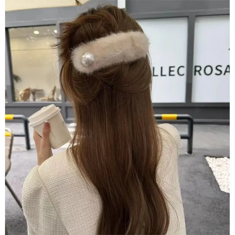 韩版毛绒绒大号珠珠发卡少女百搭复古鸭嘴夹后脑勺一字盘发抓夹