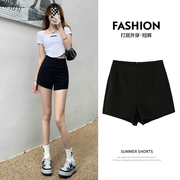 诠裳春夏新款黑色高腰短裤百搭外穿显瘦辣妹弹力热裤韩版防走光..