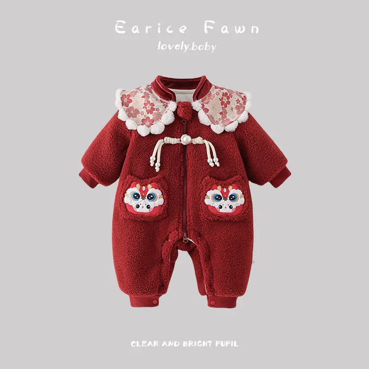 YM婴幼儿可爱连体衣冬季宝宝夹棉加厚棉衣满月百天爬爬服外出棉服