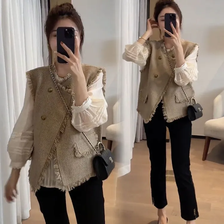 小香风气质衬衫马甲外套套装女2025秋季新款显瘦毛边坎肩