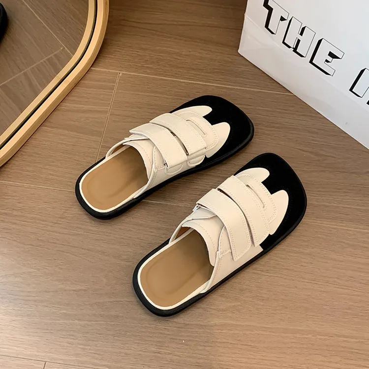 懒人半拖鞋女新款拼色魔术贴丑萌韩版包头大学生拖鞋新款外穿