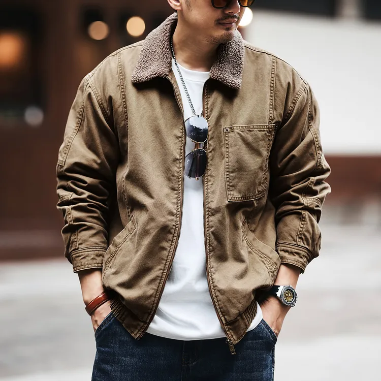 格蓝鹿美式复古羊羔绒工装外套男冬季潮牌加厚保暖棉服哈林顿夹克