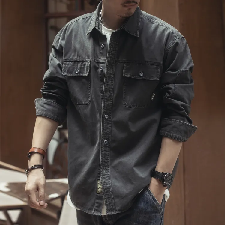 美式复古工装长袖衬衫男春秋潮牌夹克宽松猎装硬汉牛仔衬衣外套男