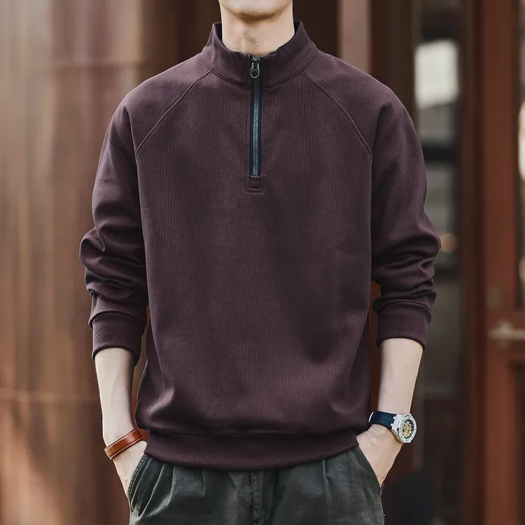 格蓝鹿美式复古立领长袖卫衣男秋冬加绒潮牌宽松polo衫半拉链上衣